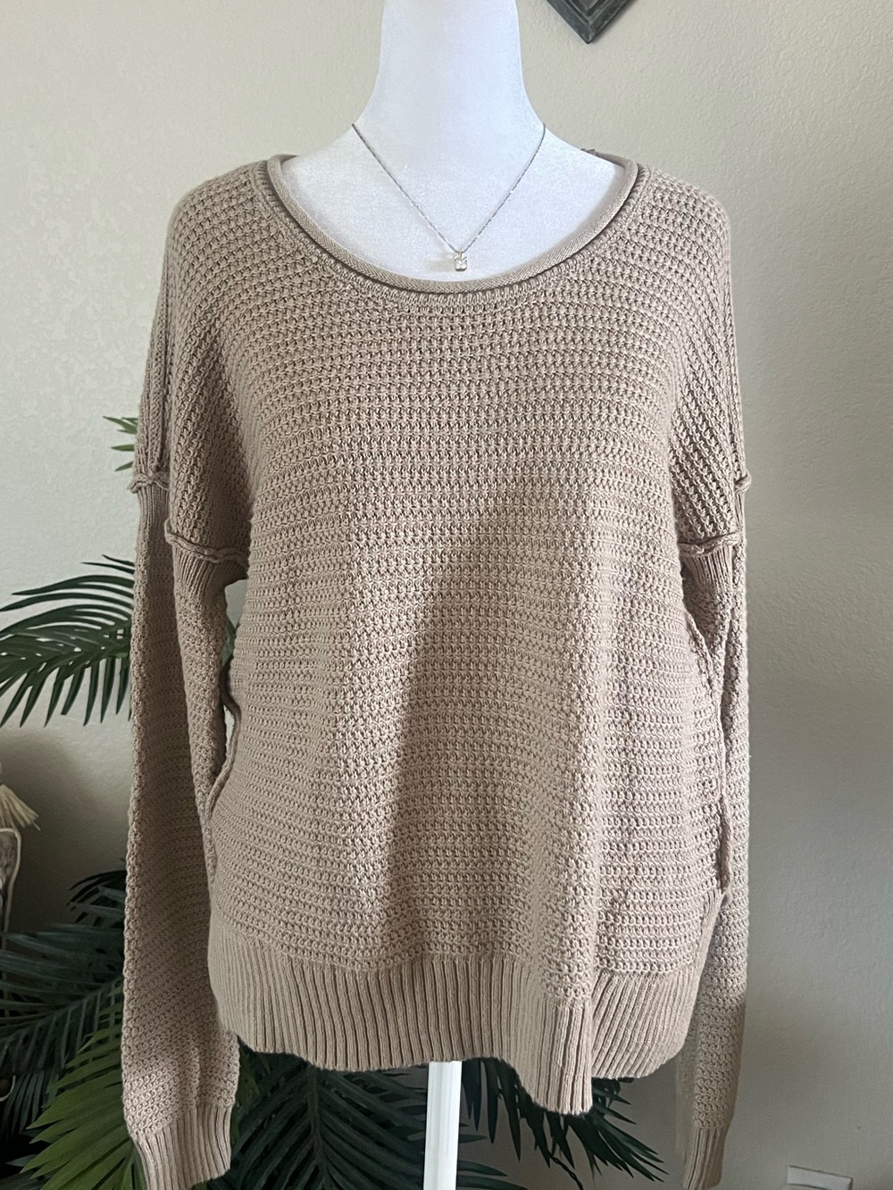 Lucky Brand Taupe Waffle-Knit Scoop Neck Sweater